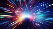 Abstract Tunnel With Colorful Stripes In Motion. Glowing Neon Colored Lines In Cyberspace.