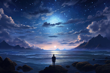 silhouette of alone person looking at heaven. lonely man standing in fantasy landscape with shining 