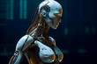 Robotic human female wired look , sad face, white parts. Man-Machine concept. 