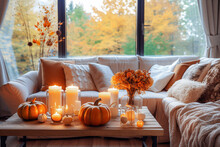 Autumn Cozy Home Interior With Candles, Pumpkins And Flowers. Selective Focus. 
