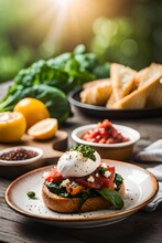 Foodie's Delight: Savor The Exquisite Bruschetta Creation With Chard, Spinach, Poached Egg, And Dukkah!