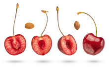 Halves Of Cherries On A White Isolated Background. Pitted Cherry Halves Hanging Or Falling From Above Casting A Shadow Close-up On A White Background.
