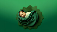 Sleepy Newborn Wrapped In A Green Blanket. Generative AI
