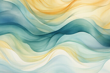 Wall Mural - Fluid and harmonious boho watercolor wave design, seamless tessellation for continuous tiling, a soothing blend of soft blues, greens, earthy browns, and warm yellows, capturing the essence of gentle 