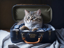 A Cute Cat Is Sitting In A Suitcase. AI Generated
