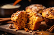 Homemade Autumn Pumpkin Spice Muffins with Pecan nuts. Fall and winter baking. Old rustic wooden background. 