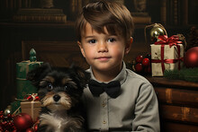 Victorian Boy With Little Dog In Christmas Night. Retro Postcard Style. 