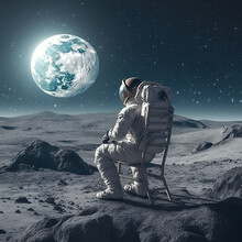 Astronaut Sitting On A Chair On The Lunar Surface. Generated By AI.