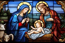 Stained Glass Window In A Church That Shows The Birth Of Jesus With Maria And Joseph - Christian Holiday - Christmas - Religious Art - Generative Ai