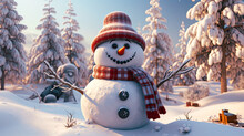 Snowman Smiling Standing In Snow Near Spruce Trees. New Year, Christmas Holiday. Character Smiling In Red Mittens Scarf And Hat. 