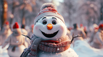 Sticker - Snowman smiling standing in snow near spruce trees. New year, christmas holiday. Character smiling in red mittens scarf and hat.