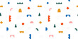 © Dedraw Studio - Fun colorful geometric shape seamless pattern. Creative abstract children style art background for kid education or trendy design with playful geometry shapes. Simple childish wallpaper texture.