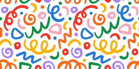 Wall Mural - Fun colorful line doodle seamless pattern. Creative minimalist style art background for children or trendy design with basic shapes. Simple party confetti texture, childish scribble shape backdrop.