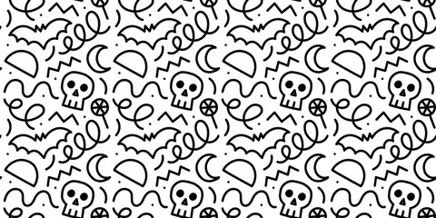 Wall Mural - Happy halloween party seamless pattern. Funny cartoon line doodle background illustration of scary autumn celebration decoration in black and white.	
