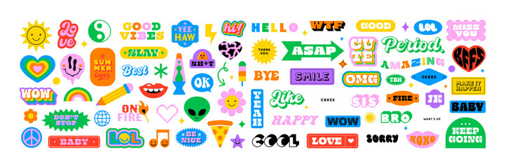 Colorful vintage label shape set. Collection of trendy retro sticker cartoon shapes. Funny comic character art and quote sign patch bundle.	
