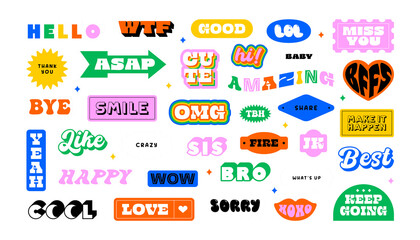 Colorful funny quote sticker set. Collection of trendy retro text cartoon shapes. Fun comic word art and typography sign bundle. Includes motivation lettering design, love label, chat reaction.	