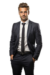 Sticker - Isolated handsome young man wearing a black suit, standing, looking at the camera and smiling, cutout on transparent background, ready for architectural visualisation.