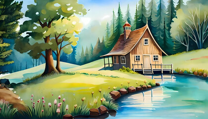 Wall Mural - Landscape with small house by pond