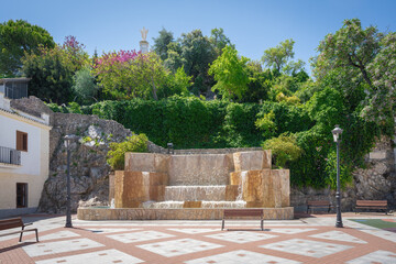 Sticker - Fountain at Plaza de Andalucia Square and Penon del Sagrado Corazon Monument - Olvera, Andalusia, Spain