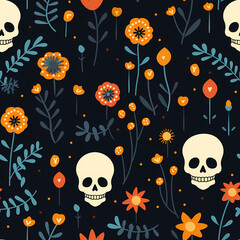 Wall Mural - skulls and flower flat design pattern illustration