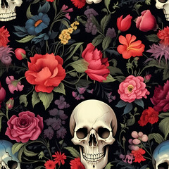 Wall Mural - skulls and flower flat design pattern illustration