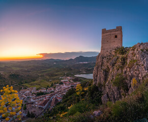 Sticker - Aerial view with Zahara de la Sierra Castle Tower at sunset - Zahara de la Sierra, Andalusia, Spain