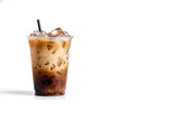 Iced coffee in plastic takeaway glass isolated on white background with copy space