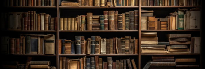 Wall Mural - Old books on wooden bookshelves in a library. Generative AI