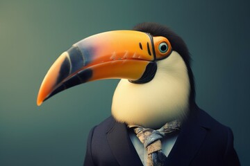 Wall Mural - Anthropomorphic toucan dressed in a suit like a businessman. Business Concept. AI generated, human enhanced