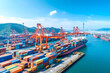 © MVProductions - Large busy container terminal and harbor with international trade, commerce, industry, logistics, and transport, mirroring global economic activities, view from above.