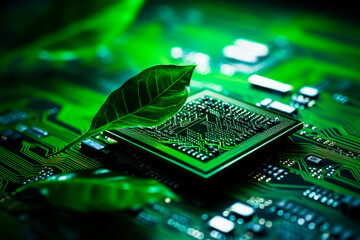 Green leaf on computer circuit board, eco-friendly technology, sustainable computing, environment conservation