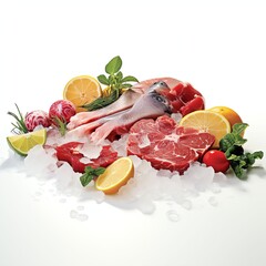 Wall Mural - fresh food on crushed ice photorealistic white background