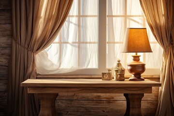 Canvas Print - The tabletop made of wood sits against a curtain-covered window, with a backdrop of sunlight streaming in. This setting is ideal for creating a montage product display or a visually appealing design