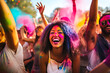 Epitomizing youth and fun. A diverse, energetic group of millennials dancing with joy and excitement at a lively music festival, with bright colors