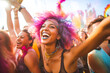 canvas print picture - Epitomizing youth and fun. A diverse, energetic group of millennials dancing with joy and excitement at a lively music festival, with bright colors