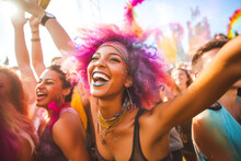 Epitomizing Youth And Fun. A Diverse, Energetic Group Of Millennials Dancing With Joy And Excitement At A Lively Music Festival, With Bright Colors