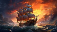 Ancient Maritime Adventure, Digital Art Illustration