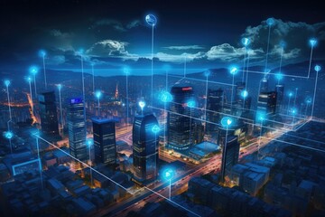 The night scene of a cityscape skyline is transformed into a panoramic aerial view. The skyline is filled with smart services and icons that represent the internet of things, networks, and augmented