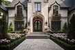 The outdoor landscape of a luxury house boasts an attractive and beautiful entrance.