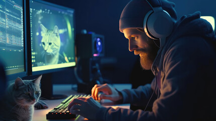 A software engineer works at a computer and a cat sits on a table