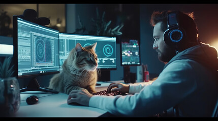 A software engineer works at a computer and a cat sits on a table