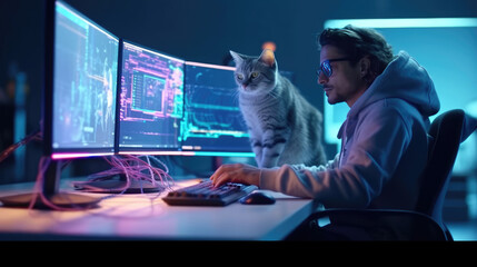 A software engineer works at a computer and a cat sits on a table