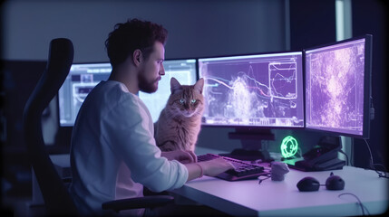 A software engineer works at a computer and a cat sits on a table
