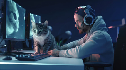 A software engineer works at a computer and a cat sits on a table