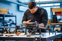 Engineer Testing A Military Grade Drone In Laboratory. Demonstrating Innovation In Defense Technology And Its Future With Artificial Intelligence
