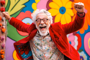 An eccentric elderly senior man dancing happily in front of a vibrant colorful background. Expressing joy and free spirit, beauty of aging and individuality and carelessness
