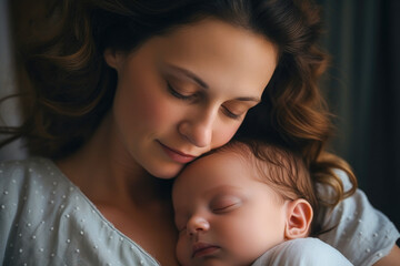 a young caucasian mother sleeping together with her newborn baby, radiating mother love and the uniq