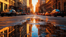 Street In New York City With Puddles As Reflection Effect