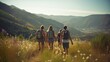 canvas print picture - a candid photo of a family and friends hiking together in the mountains in the vacation trip week. sweaty walking in the beautiful american nature. fields and hills with grass. Generative AI