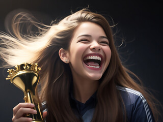 Happy expression of a girl with her trophy.